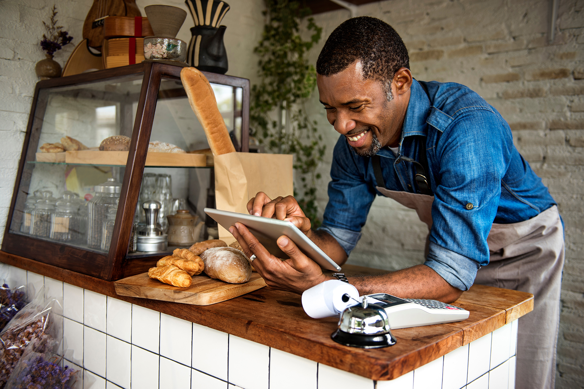 man working on tablet